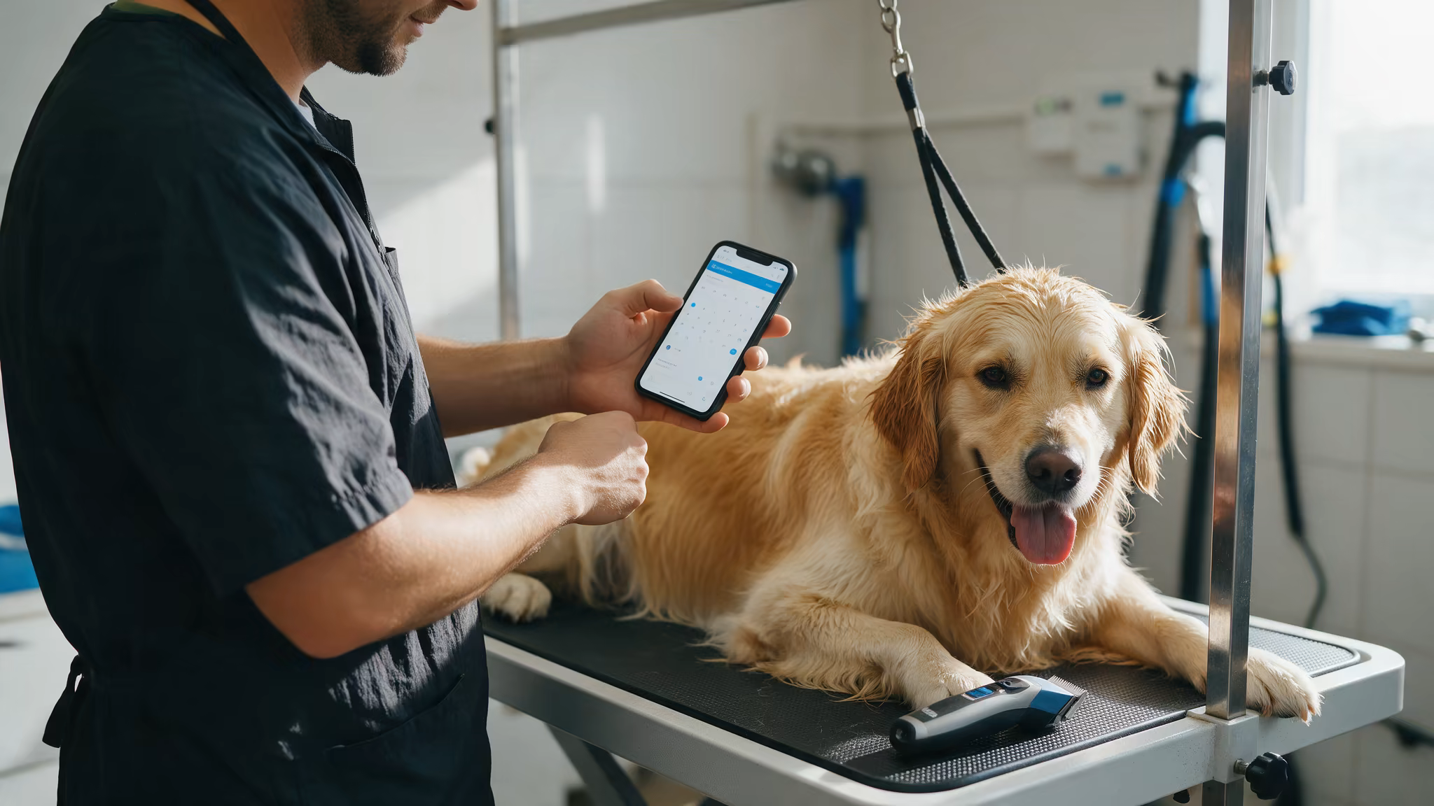 Groomer checking appointments on a phone next to the grooming table