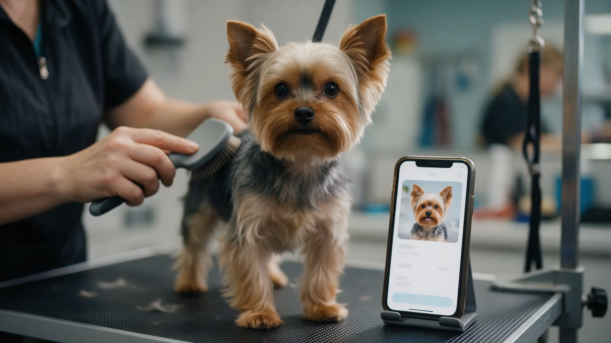 Groomer brushing a small dog on the grooming table with the dog's record open on a phone